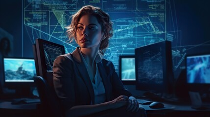 Woman using modern computer for global control, surfing networks, futuristic Internet, innovative digital technology. Generative Ai technology.
