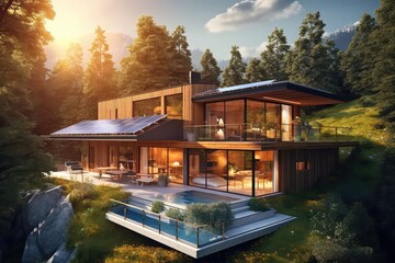 A captivating image of a modern home adorned with solar panels, bathed in sunlight, showcasing the homeowner's conscious choice to embrace renewable energy.