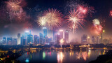 Fototapeta Miasta - spectacular fireworks show over a city skyline on Independence Day, AI-Generated