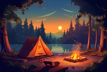 Summer Camping At Forest Cartoon Illustration