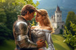 Romantic medieval fantasy princess in love and her lover knight in shining armour embracing, against a backdrop of a castle and blooming flowers. 