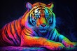 Colorful tiger paint on a black background. Created with generative AI.