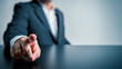 © Shutter2U - Businessman hand pointing and touching with index finger on virtual screen on modern black and white table background. Business selection and decision concept. Copy space