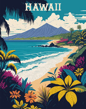 Hawaii Travel Poster In Retro Style. Exotic Tropical Ocean Beach Landscape Vintage Print. Summer Vacation, Holidays Concept. Vector Colorful Art Illustration.