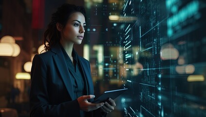 a scientist observe working on hologram screen, idea for computer engineering , Generative Ai