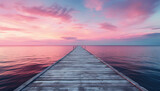 Fototapeta  - Wooden pier on the lake at beautiful sunset. Dramatic sky. generative AI image.