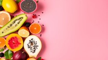 Quench Your Thirst With Tropical Flavors. Top Flat Lay View Photo Of Dragon-fruit, Kiwi, Papaya, Granadilla, Carambola, Lime, Coconut On Pastel Pink Background With Copy Space
