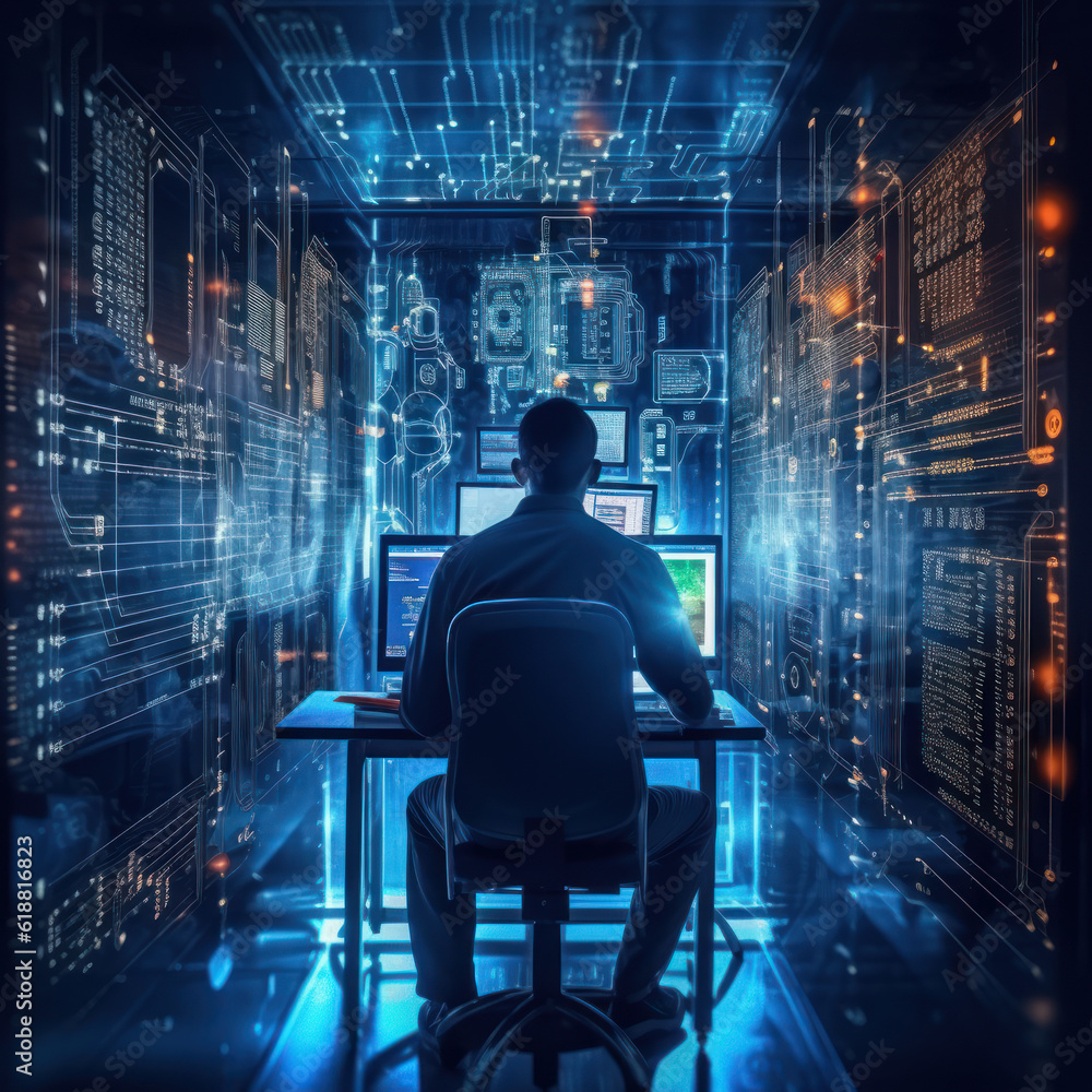 Cutting-edge Vision: Tech Guru in Futuristic Data Center Utilizing Laptop Amidst Warehouse, Streamlined Digitalization with Server-Based Information. SAAS, Cloud Computing, Web Service Empowered.