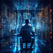 Cutting-edge Vision: Tech Guru in Futuristic Data Center Utilizing Laptop Amidst Warehouse, Streamlined Digitalization with Server-Based Information. SAAS, Cloud Computing, Web Service Empowered.