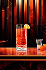 Wall Mural - Cocktail Negroni with ice and orange peel in tall vintage retro crystal cut glass at the bar. Drink with gin, campari martini rosso and orange. AI generated image for your design.