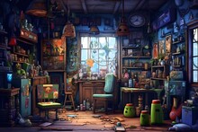 Abandoned Potions Shop Interior Dusty Furniture Cartoon Illustration With Retro Style