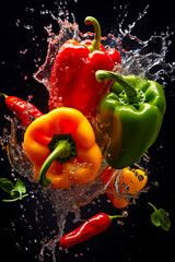 Poster - Group of bell peppers splashing into glass of water on black background. Generative AI.