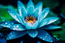 Blue Water Lily With Drops Of Water On It's Petals And Leaves. Generative AI.