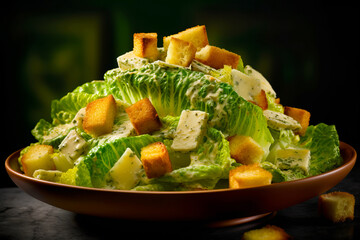 Sticker - Close up of plate of food with lettuce and croutons. Generative AI.