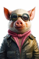 Canvas Print - Pig wearing leather jacket and sunglasses with pink scarf around its neck. Generative AI.