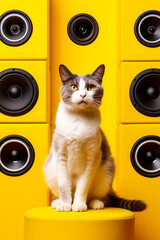 Wall Mural - Cat sitting on top of yellow floor next to bunch of speakers. Generative AI.