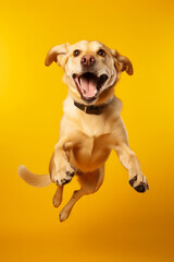 Wall Mural - Dog jumping up in the air with its mouth open and tongue out. Generative AI.