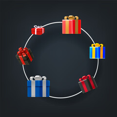Poster - Abstract vector background with circle frame with gift boxes. Landing page template. 3d vector illustration