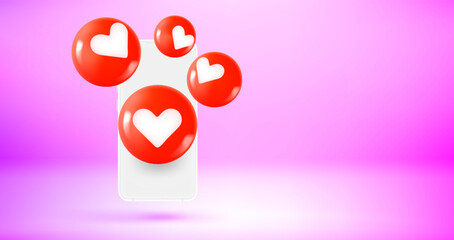 Aufkleber - Man holding smartphone with hearts media icons. Vector 3d banner with copy space