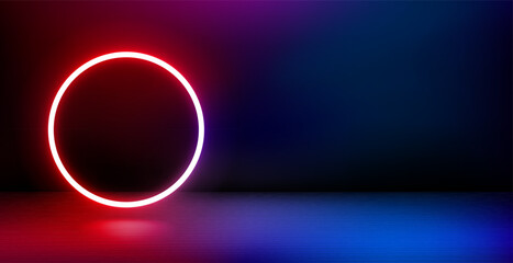 Poster - Empty product showcase and shining neon circle. 3d vector banner with copy space