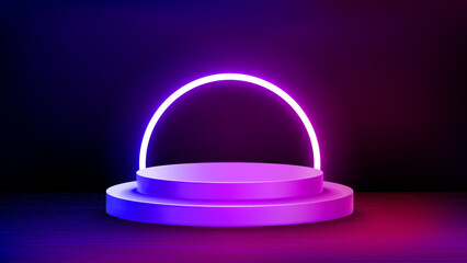 Poster - Interior with stage and shining neon arc. 3d vector illustration