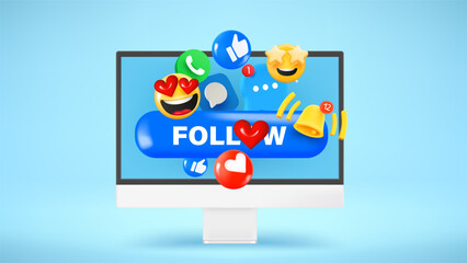 Fototapete - Modern computer with social media icons. 3d vector illustration