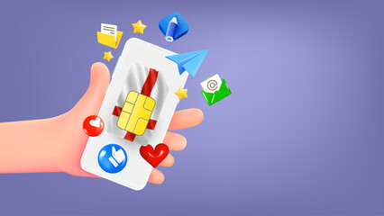 Aufkleber - Man holding smartphone with England mobile operator SIM card and app icons. Safety concept. 3d banner with copy space