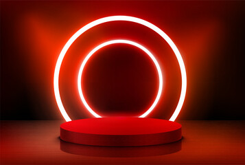 Poster - Interior with stage and shining projectors and neon. 3d vector illustration