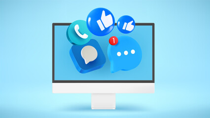 Poster - Modern computer with social media icons. 3d vector illustration