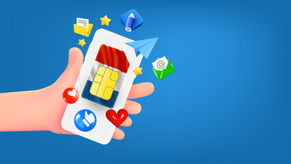 Aufkleber - Man holding smartphone with france mobile operator SIM card and app icons. Safety concept. 3d banner with copy space