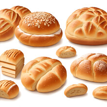 Bread And Buns Realistic Set On White Background. Different Kinds Of Bakery And Bread Of Wheat Products With Croissants And Toast Bread. Isolated On White Background. Top View. Realistic Illustration.