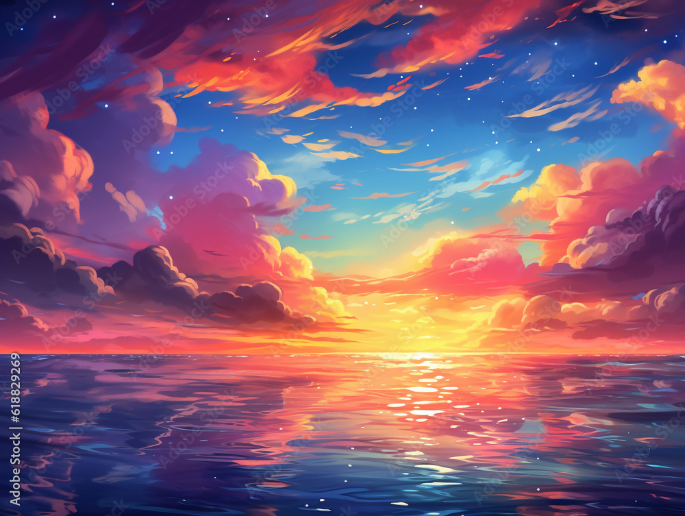 夕日が沈む海-アニメ背景 の Stock イラスト | Adobe Stock