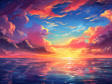 夕日が沈む海-アニメ背景