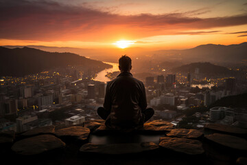 A Man Meditating Against A Vibrant City Skyline At Sunrise. Generative AI