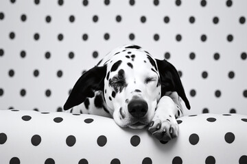 Cute dalmatian puppy sleeping on a sofa with black and white polka dot pattern. Generative ai.