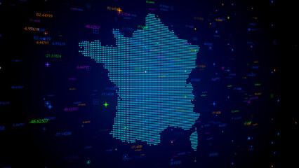 Wall Mural - Futuristic Blue Colorful Shiny Digital Technology Hud Dots Mosaic Grid France Map Perspective View With Numeric Tech Particles Background