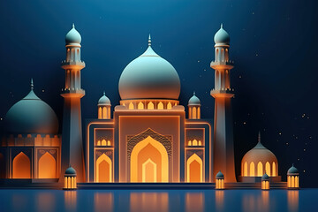 Illustration of eid mubarak background with mosque and moon