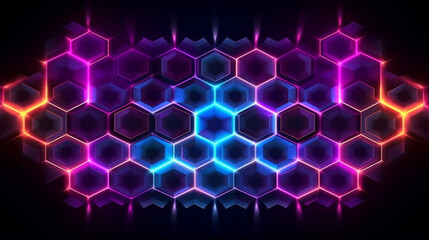 Wall Mural - Dark background hexagon shape pattern neon glow in black.