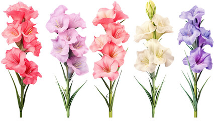 Wall Mural - collection of soft pastel gladiolus flowers isolated on a transparent background, generative ai