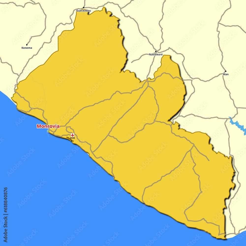 Map of Liberia with main roads and highways Stock Illustration | Adobe ...