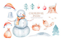 Watercolor Merry Christmas Illustration With Snowman, Christmas Tree, Santa Holiday Invitation. Christmas Gift Celebration Cards. Winter New Year Design.