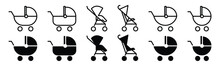 Baby Stroller Icons Vector Set. Children And Baby Carriage Icon Collection In Line And Flat Style On White Background With Editable Stroke For Apps And Websites. Vector Illustration