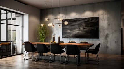 Interior design inspiration of Contemporary Industrial style home dining room loveliness decorated with Concrete and Metal material and Track Lighting .Generative AI home interior design .