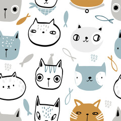 Wall Mural - Vector hand-drawn seamless repeating childish simple pattern with cute cats in Scandinavian style on a white background. Children's texture with kittens, kitty print. Pets. Funny animals sketch.