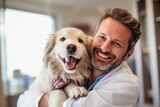 Fototapeta Przestrzenne - Young beautiful veterinarian man smiling confident hugging dog at clinic. concept of care for animals and pets. generative ai.