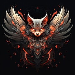 a wallpaper featuring a Fox With Mystical Wings with two red and black wings set against a dark background. The style should blend humor with heart, showcasing light gray and dark black tones. For ins