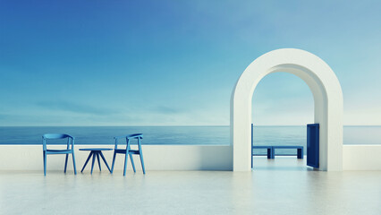 Luxury villa resort gate door to sea view - Santorini island stlye - 3D rendering 