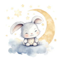 Wall Mural - Cute watercolor baby good night bunny on moon Illustration AI Generative.