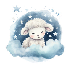 Wall Mural - Cute watercolor baby good night sheep on moon Illustration AI Generative