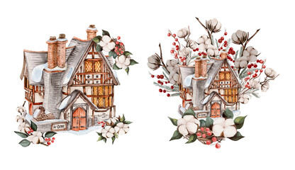 Wall Mural - Watercolor winter house with a snow covered roof and cotton branches. Hand drawn illustration of a winter cottage for invitations, greeting cards, prints, packaging. Merry christmas .